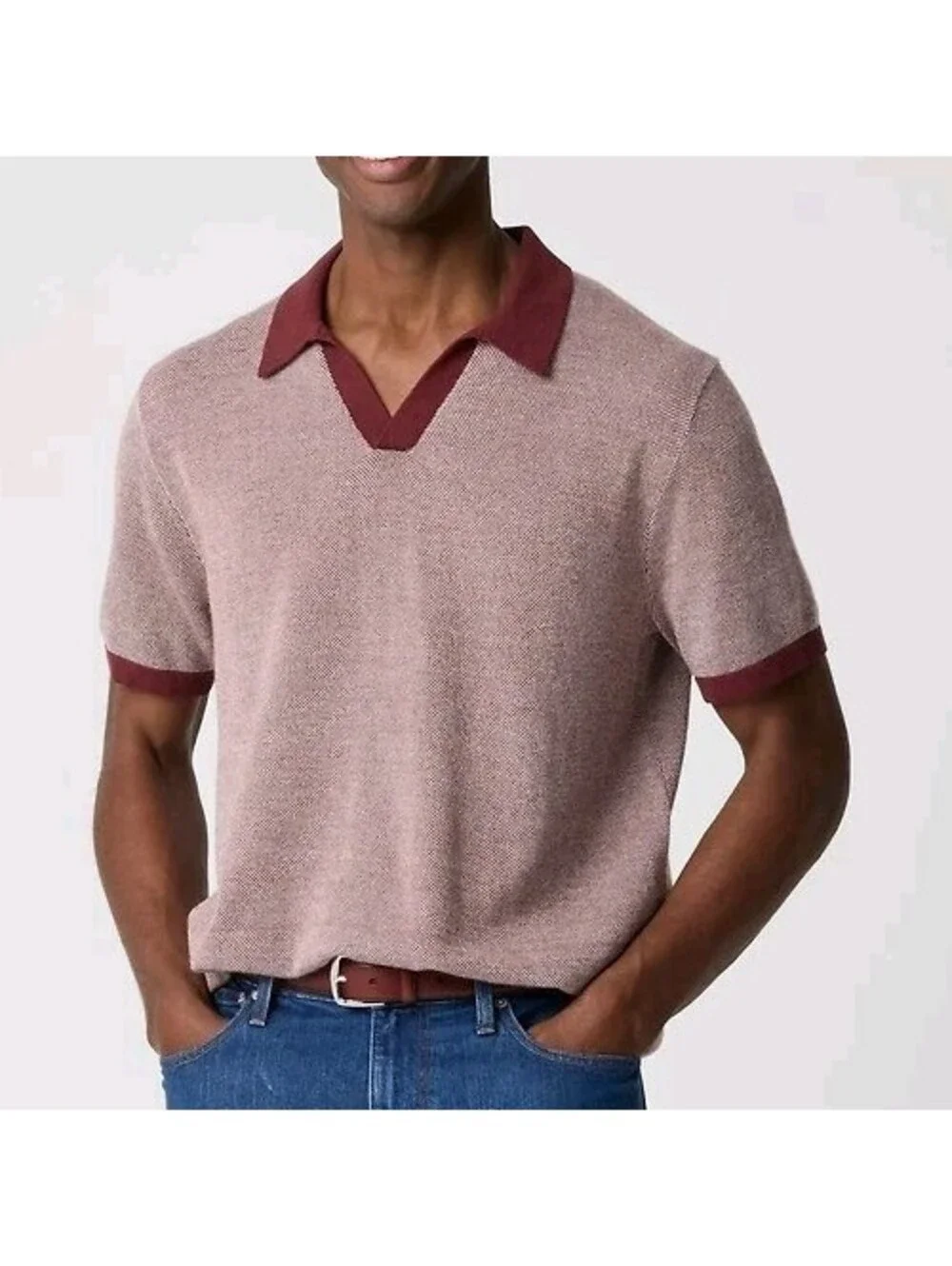 J Crew Mens XL Merino Wool Johnny Collar Polo Sweater Short Sleeve Burgundy Soft